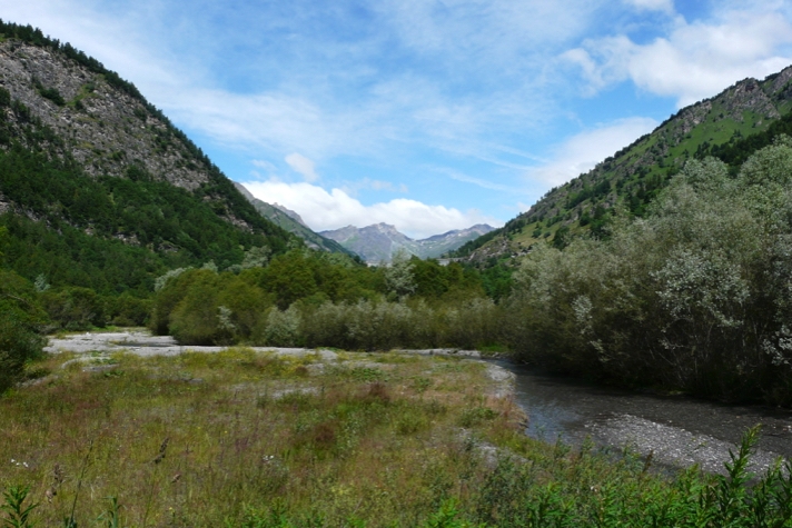 un pianoro in cui scorre un torrente, sulle rive di destra ricca vegetazione