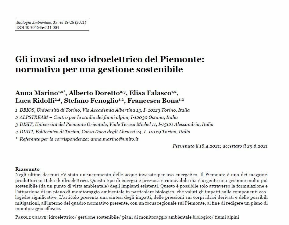 Screenshot della prima pagina dell’articolo “Gli invasi ad uso idroelettrico del Piemonte: normativa per una gestione sostenibile” di  Anna Marino, Alberto Doretto, Elisa Falasco, Luca Ridolfi, Stefano Fenoglio e Francesca Bona, pubblicato sulla rivista “Biologia Ambientale”