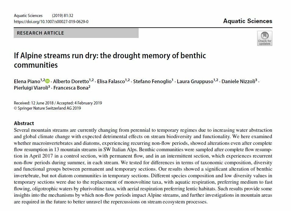 Screenshot della prima pagina dell’articolo “If Alpine streams run dry: the drought memory of benthic communities” di Elena Piano, Alberto Doretto, Elisa Falasco, Stefano Fenoglio, Laura Gruppuso, Daniele Nizzoli, Pierluigi Viaroli e Francesca Bona, pubblicato sulla rivista “Aquatic Sciences”