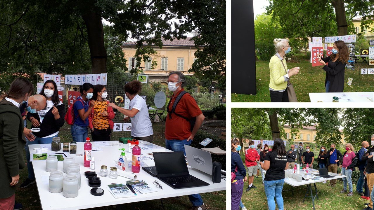 L'immagine è un collage di tre foto. Nella prima a destra si osserva la dottoranda Anna Marino mentre illustra le attività del gruppo ad alcuni visitatori, raccolti intorno allo stand di Alpstream, durante la Notte dei Ricercatori. In alto a destra, Maria Cristina Candellero, tesista del gruppo Alpstream, parla con una visitatrice dello stand durante la Notte dei Ricercatori. In basso a destra la dottoranda Anna Marino mentre illustra le attività del gruppo ad alcuni visitatori, raccolti intorno ad un tavolo nello stand di Alpstream.