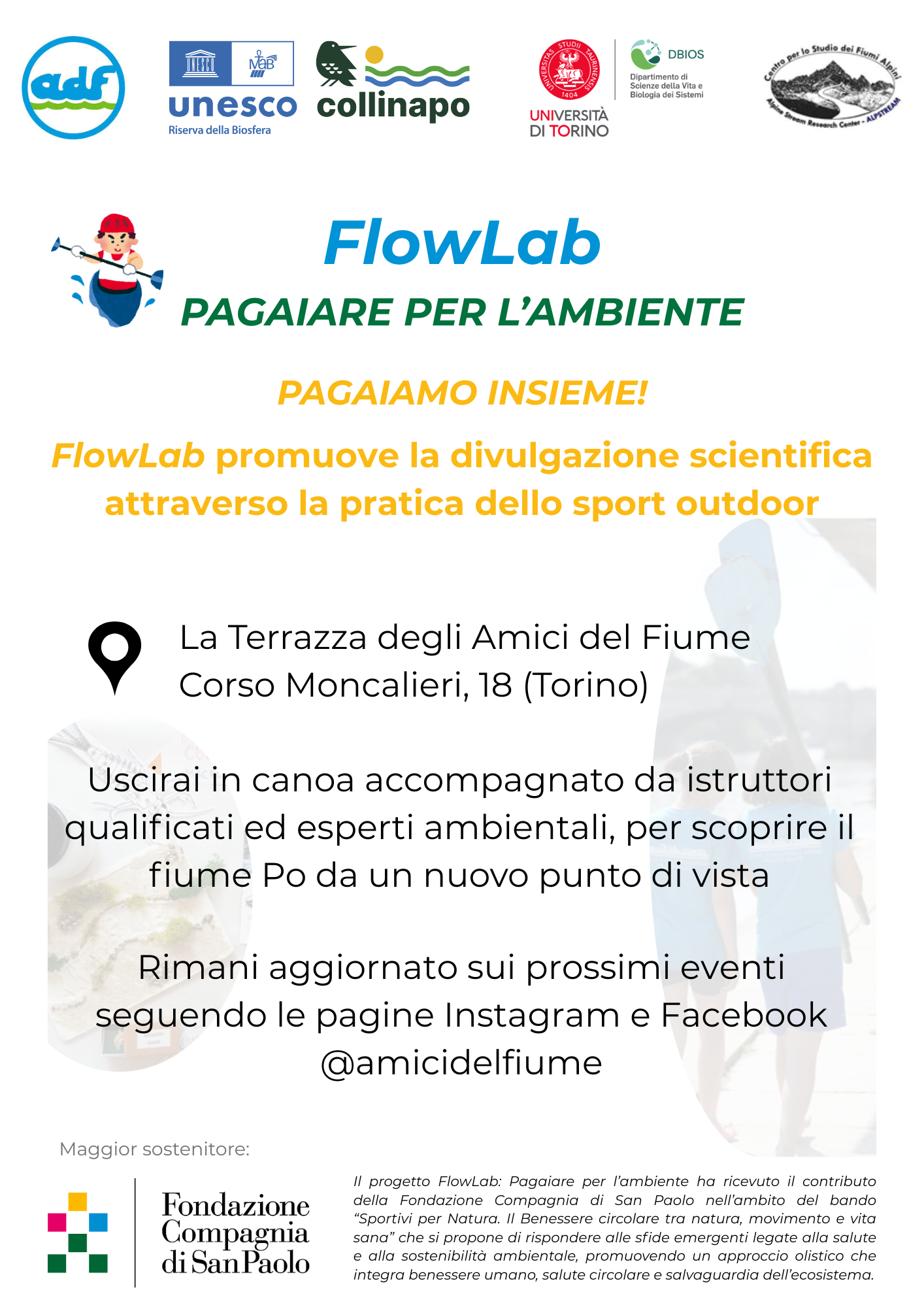 locandina che illustra le attività che si svolgeranno sul fiume Po nell'ambito del progetto Flowlab e che rimanda alle pagina Instagram e Fabebook @amicidelfiume