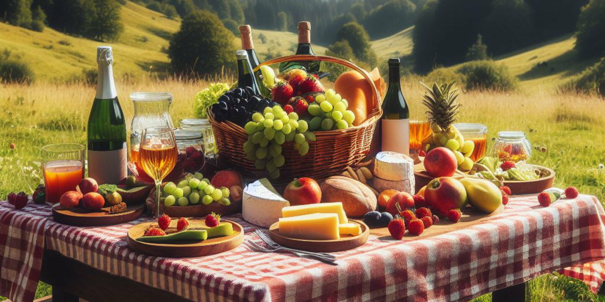 prodotti agroalimentari generici su una tavola con tovaglia bianca e rossa in un prato. Immagine generata dall'intelligenza artificiale.