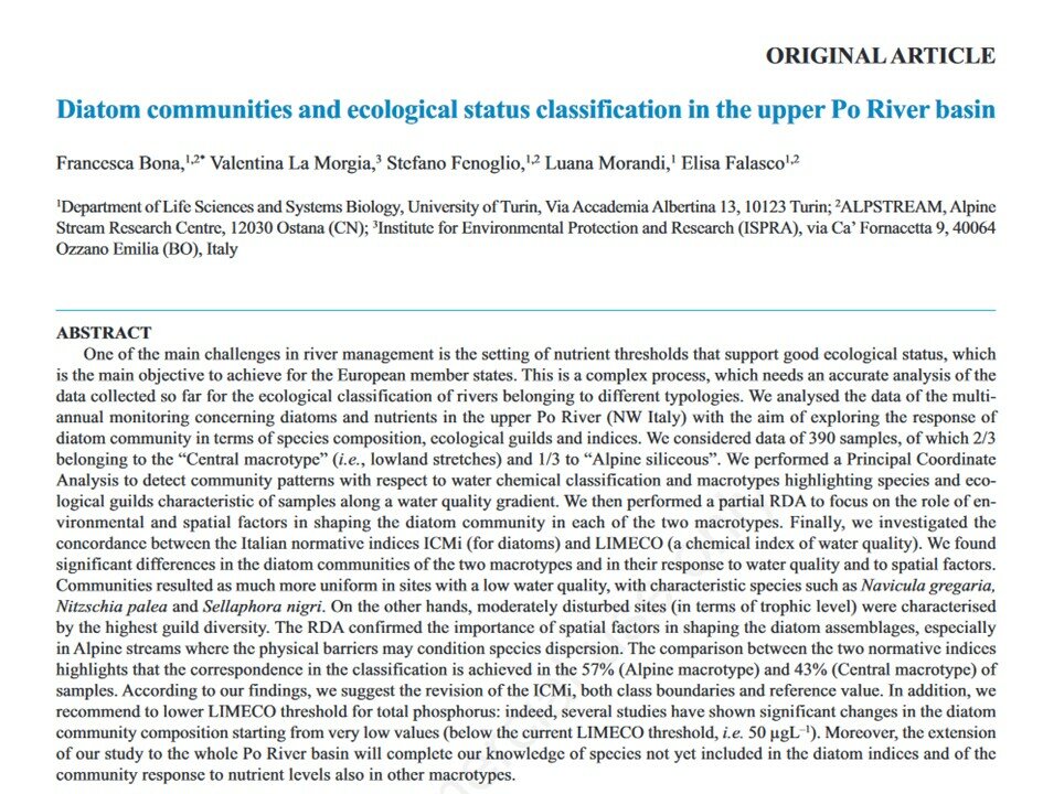 L’immagine mostra lo screenshot della prima pagina dell’articolo intitolato “Diatom communities and ecological status classification in the upper Po River basin” pubblicato sulla rivista internazionale Journal of Limnology