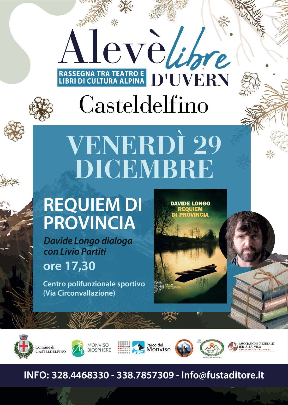 la locandina dell'evento, con la data e il luogo in cui si svolge, la copertina del libro e il volto dell'autore