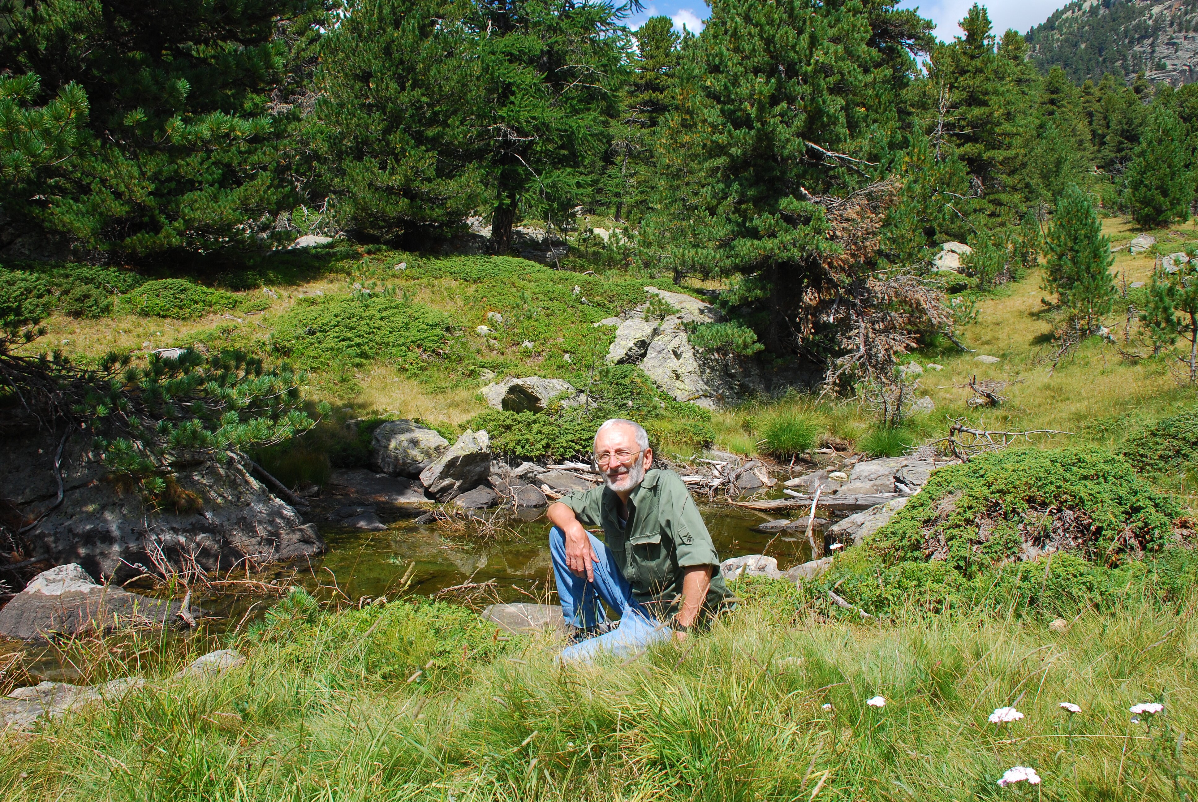 Una persona con i capelli bianchi e gli occhiali è seduta in un contesto naturale, su alcune rocce nei pressi di un torrente. Sullo sfondo, i pini cembri del Bosco dell'Alevè.