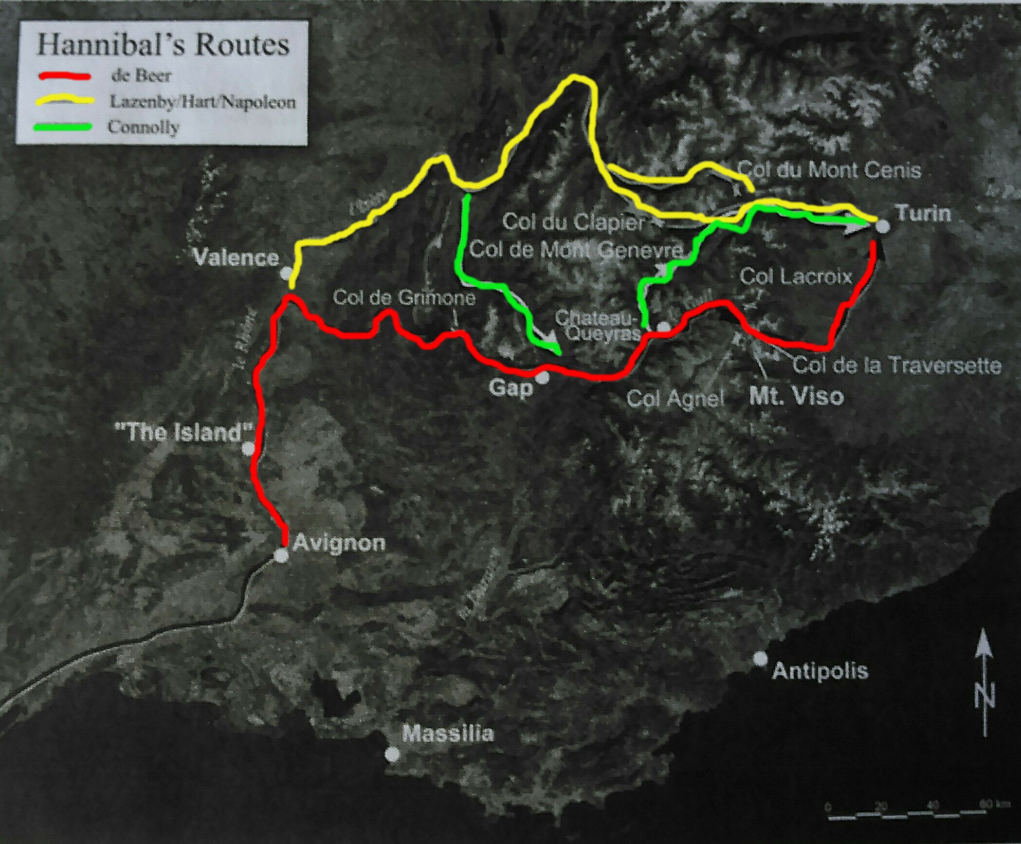 una mappa della zona di confine tra Francia e Italia con l'indicazione dei tre più plausibili itinerari di Annibale nel suo attraversamento delle Alpi