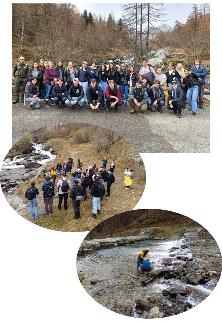 l'immagine si compone di tre foto: una foto di gruppo che ritrae gli studenti partecipanti; una foto di gruppo sulla sponda del fiume Po, una foto in fiume che ritrae due operatori impegnati in un campionamento di macroinvertebrati