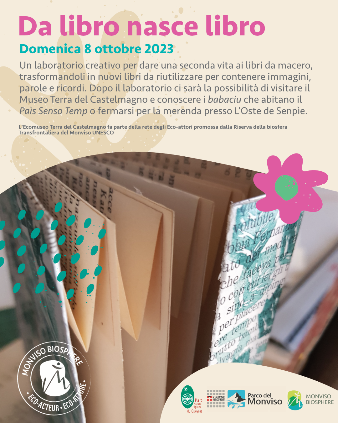locandina dell'evento, con un'immagine di un contenitore creato con pagine di un libro da macero