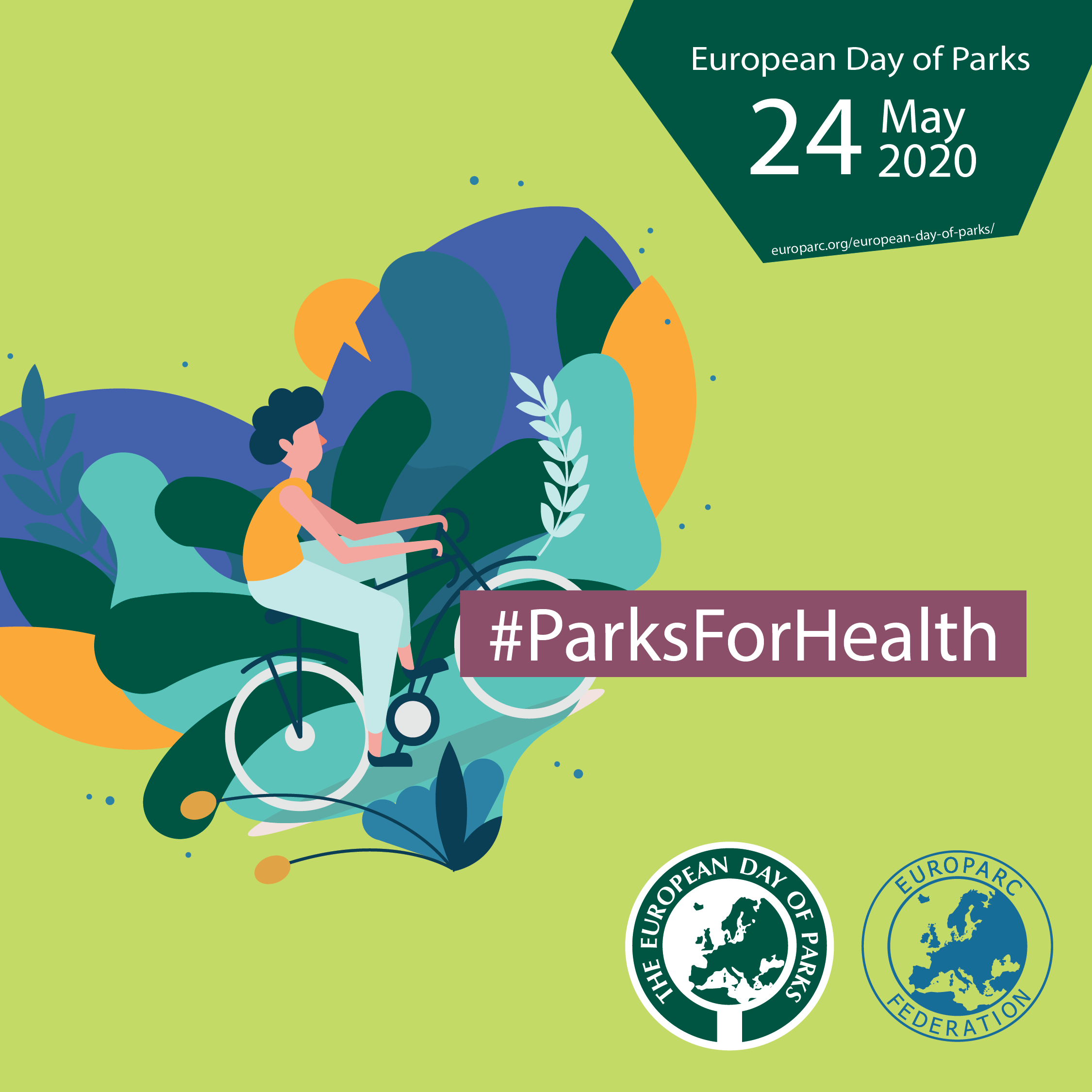 Locandina della giornata europea dei parchi con disegno stilizzato di una persona su una bicicletta in ambiente naturale in uno sfondo a forma di cuore