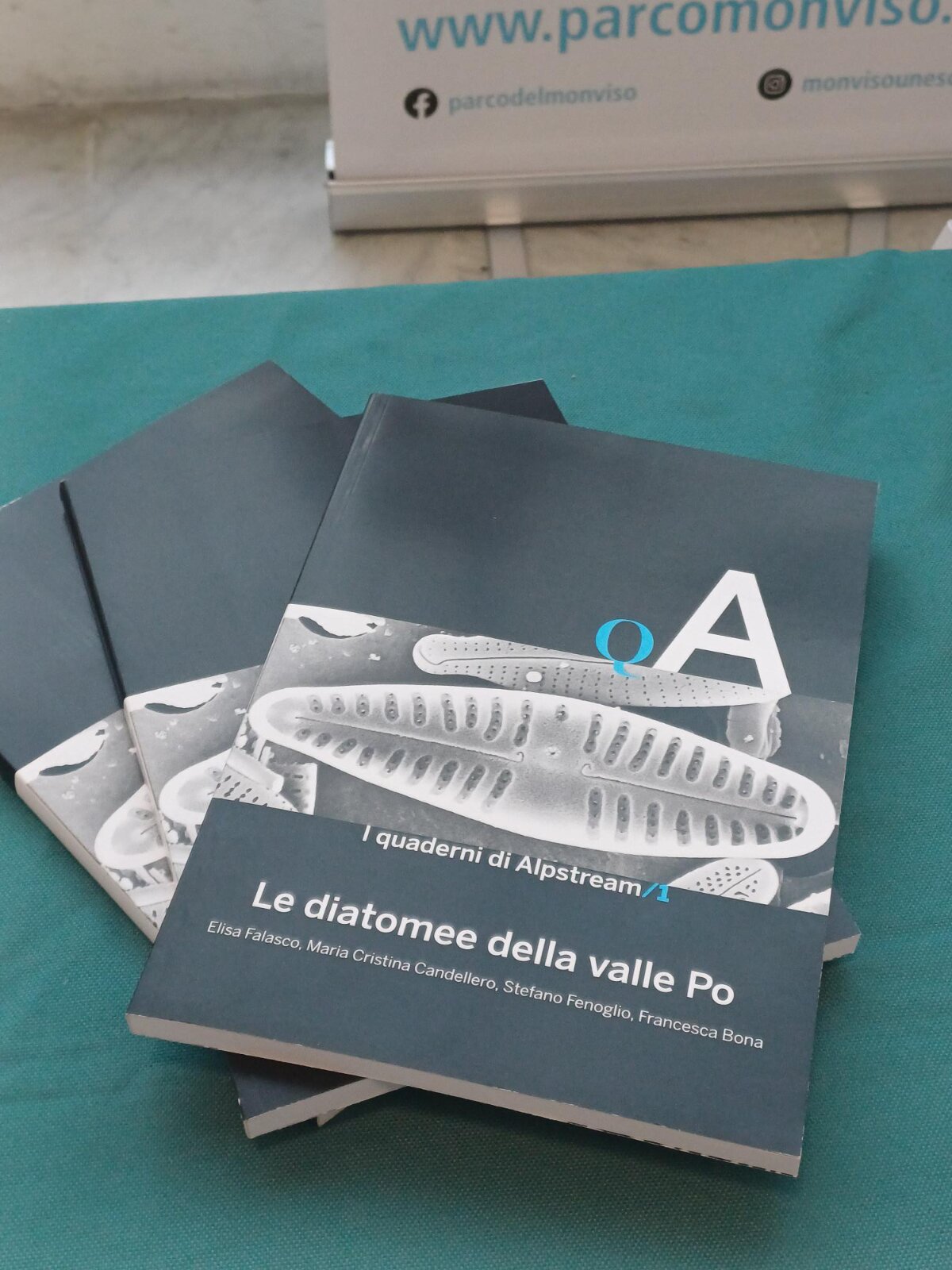 Un primo piano di alcuni libretti esposti su un tavolo verde. In copertina appare un’immagine in bianco e nero di diatomee osservate al microscopio, con il titolo “Le diatomee della valle Po – I quaderni di Alpstream”. In basso sono elencati gli autori. Sullo sfondo, sfocato, si intravede un pannello con l’indirizzo web e i social del Parco del Monviso.