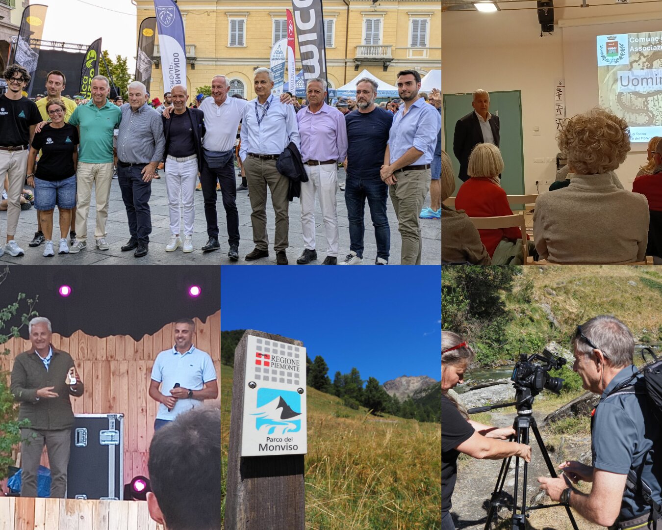 collage di fotografie in cui il nuovo presidente del Parco del Monviso è ritratto in momenti a partecipazione pubblica