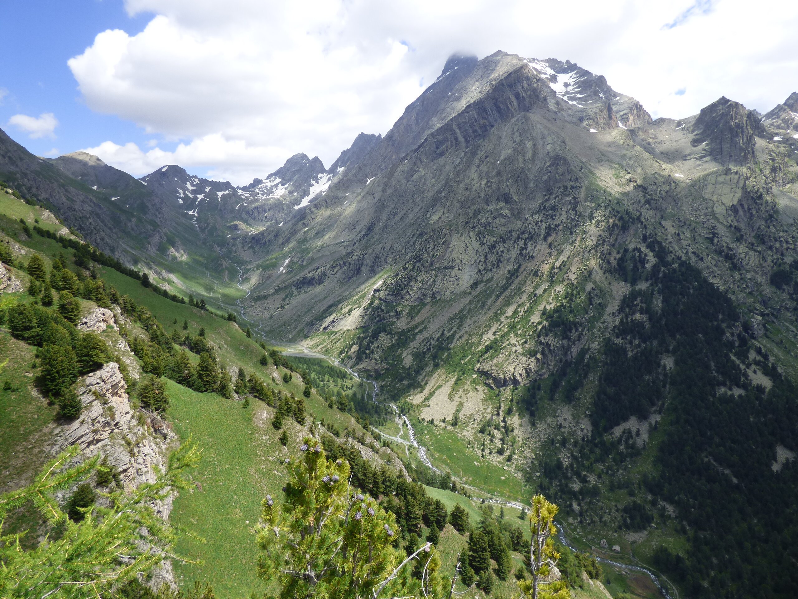 vallone di vallanta visto dall'alto, praterie alpine con qualche albero sulla sinistra, sulla destra il massiccio del monviso; cielo con nuvole