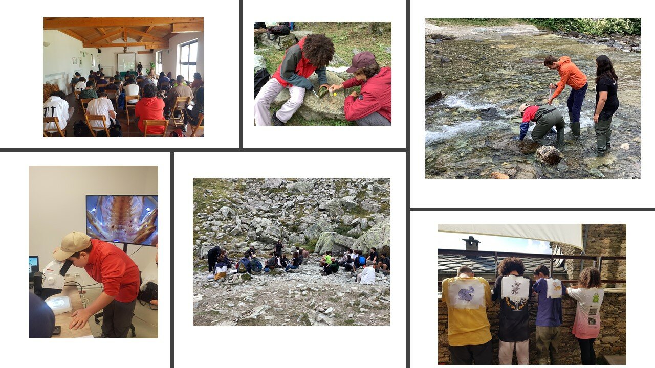 La foto è un collage di immagini. Partendo da quella in alto a sinistra si osserva un gruppo di ragazzi durante una lezione tenuta in aula presso Ostana; nella seconda foto si osservano due ragazzi mentre campionano diatomee bentoniche sulla riva del fiume; nell'ultima foto in alto a destra si osservano due ragazzi e una istruttrice durante un campionamento di IBE presso la field station di Crissolo. In basso, a partire da sinistra si osservano nell'ordine: un ragazzino mentre osserva un macroinvertebrato al microscopio, collegato ad  una telecamera che proietta su di uno schermo; la classe durante l'escursione alla sorgente del fiume Po; quattro ragazzi durante la caccia al tesoro a tema biodiversità.