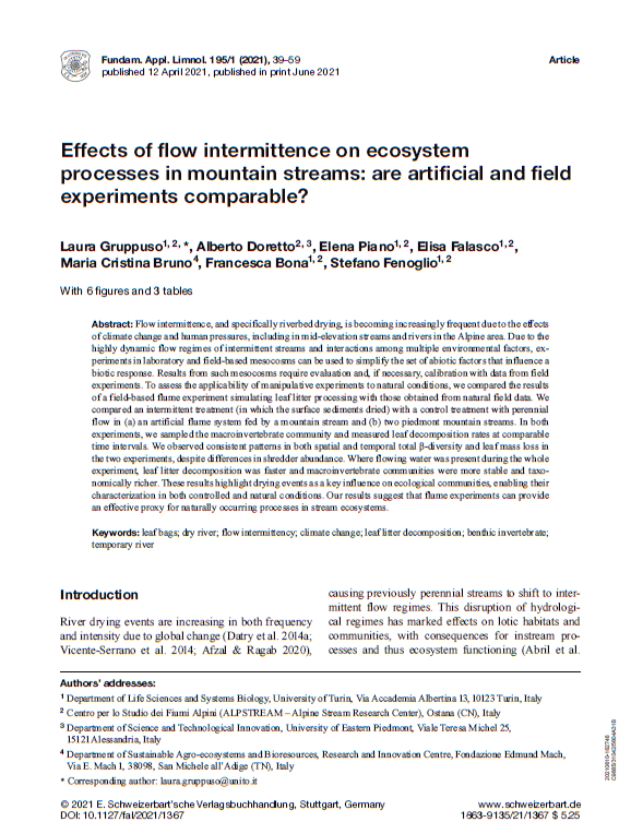 Screenshot dellla prima pagina dell’articolo “Effects of flow intermittence on ecosystem processes in mountain streams: are artificial and field experiments comparable?” di Laura Gruppuso, Alberto Doretto, Elisa Falasco, Elena Piano, Elisa Falasco, Maria Cristina Bruno, Francesca Bona e Stefano Fenoglio, pubblicato sulla rivista “Fundamentals of Applied Limnology” / Screenshot of the first page of the article “Effects of flow intermittence on ecosystem processes in mountain streams: are artificial and field experiments comparable?” by Laura Gruppuso, Alberto Doretto, Elisa Falasco, Elena Piano, Elisa Falasco, Maria Cristina Bruno, Francesca Bona and Stefano Fenoglio, published on “Fundamentals of Applied Limnology”.