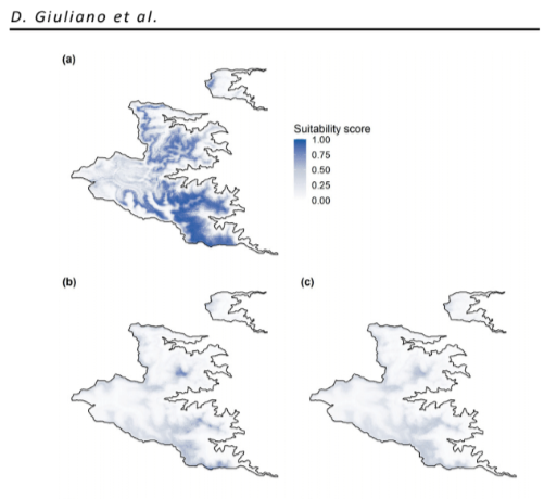 mappa che riporta tre elaborazioni grafiche del territorio in cui è diffusa la salamandra di Lanza. Nelle tre elaborazioni, il colore rappresenta la diffusione attuale e quella prevista in futuro: il colore è sempre più tenue nei modelli che prevedono l'andamento futuro.