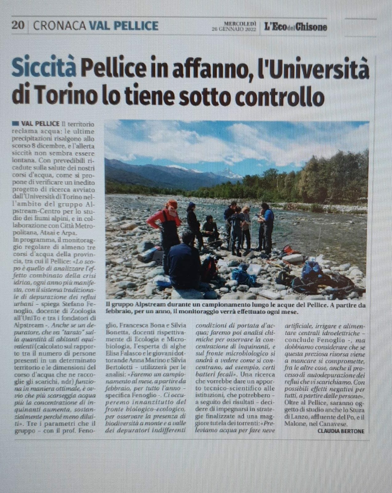 foto dell'articolo pubblicato su l'Eco del Chisone il 26 gennaio 2022 e intitolato <q>Siccità Pellice in affanno, l'Università di Torino lo tiene sotto controllo</q>> </p>

<p> </figure> </p>

	<ul>
	<li class=