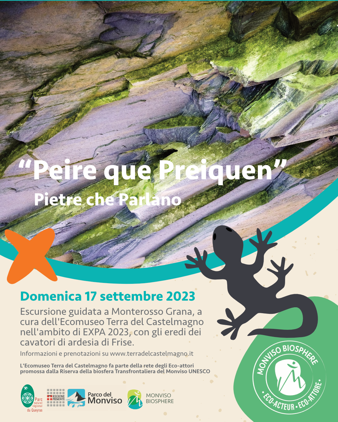 Locandina dell'evento, con la foto della cava di ardesia e alcuni elementi di testo.