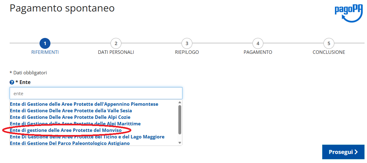 Istruzioni per pagamento sanzioni 1.2 - Nella sezione Ente scrivere la parola “Ente” e si aprirà una tendina con i vari Enti di gestione. Cliccare sulla voce “Ente di Gestione delle Aree Protette del Monviso”.