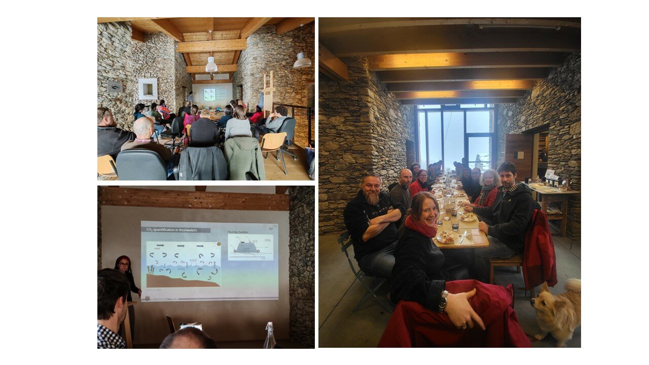 l'immagine si compone di tre foto: in alto a sinistra un fotogramma nel corso della presentazione del dott. Guarecschi; in basso a sinistra la presentazione della tesista Catalina Osorio Pelaez; a destra una foto nel momento del pranzo in cui è raffigurato tutto il gruppo Alpstream che ha partecipato alla summer school.