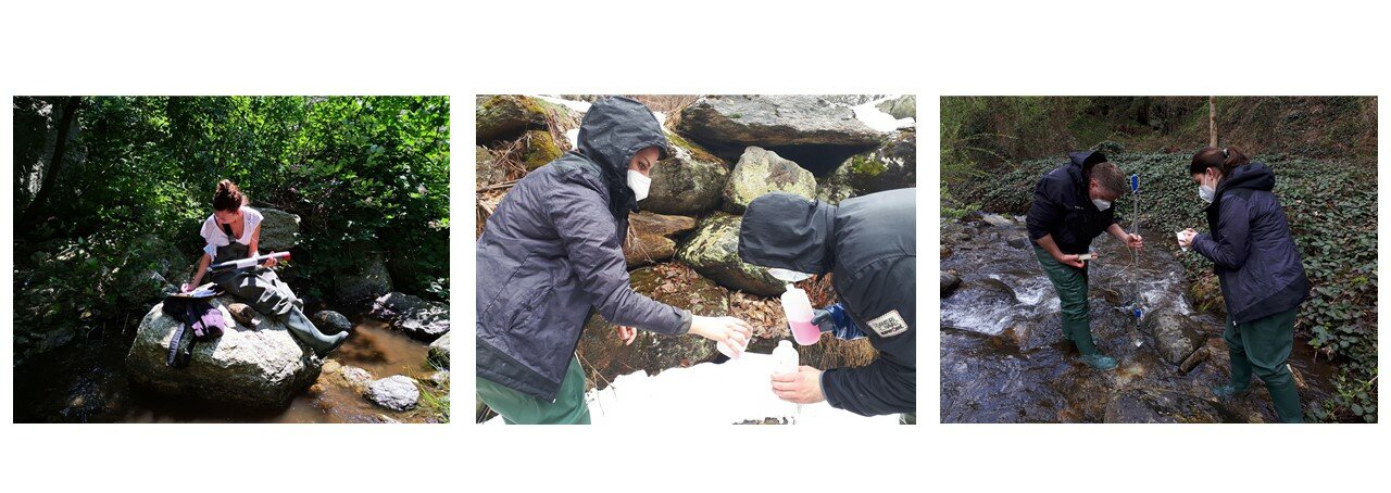 alcuni operatori impegnati durante i campionamenti del progetto network. Partendo da sinistra, una tesista misura la clorofilla bentonica utilizzando un fluorimetro da campo; nella foto in centro: operatrici intente a fissare in alcool un campione di macroinvertebrati bentonici; nella foto di destra: rilevo della velocità della corrente.