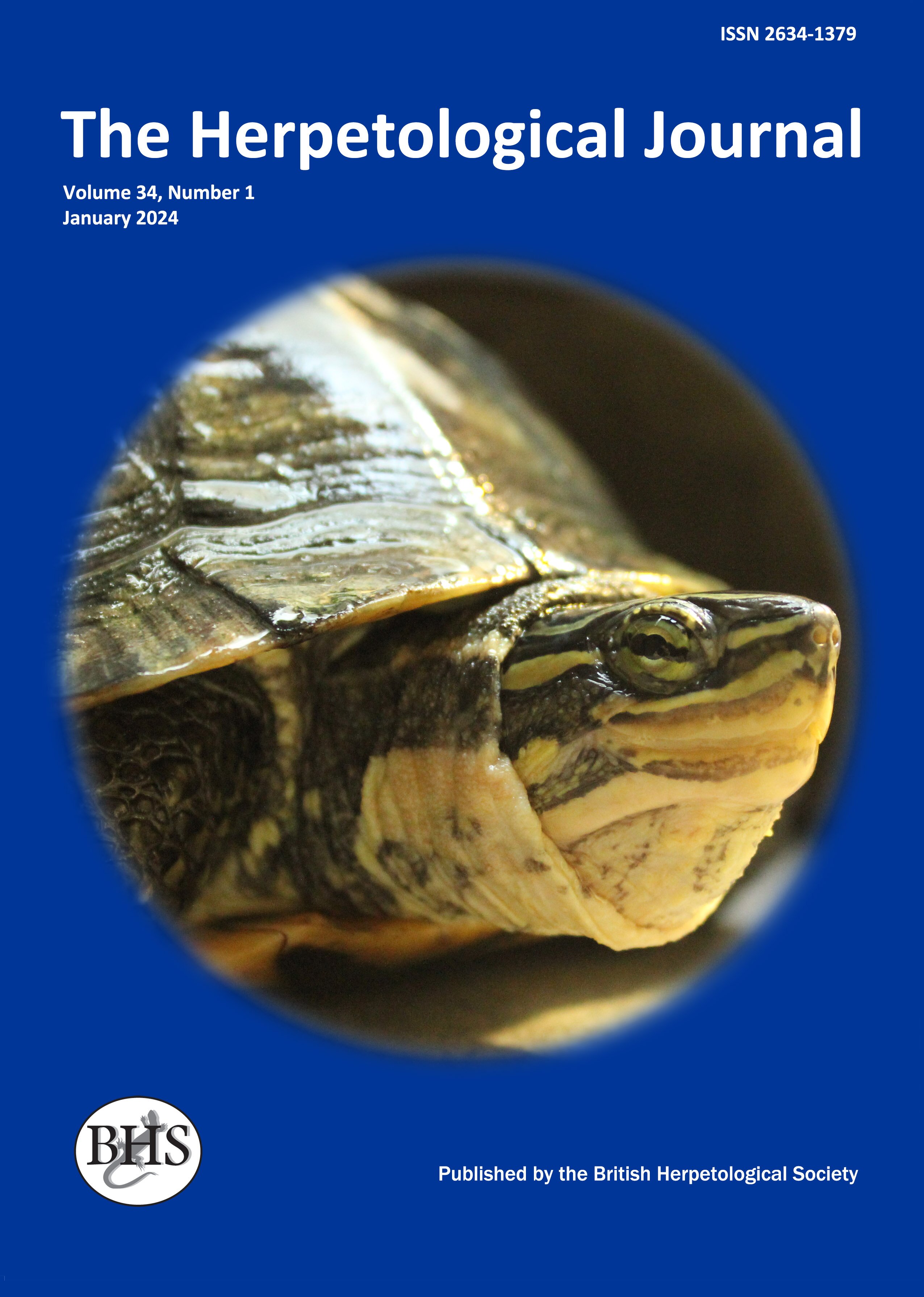 Copertina Herpetological Journal gennaio 2024: sfondo blu, in un tondo centrale si riconosce una tartaruga