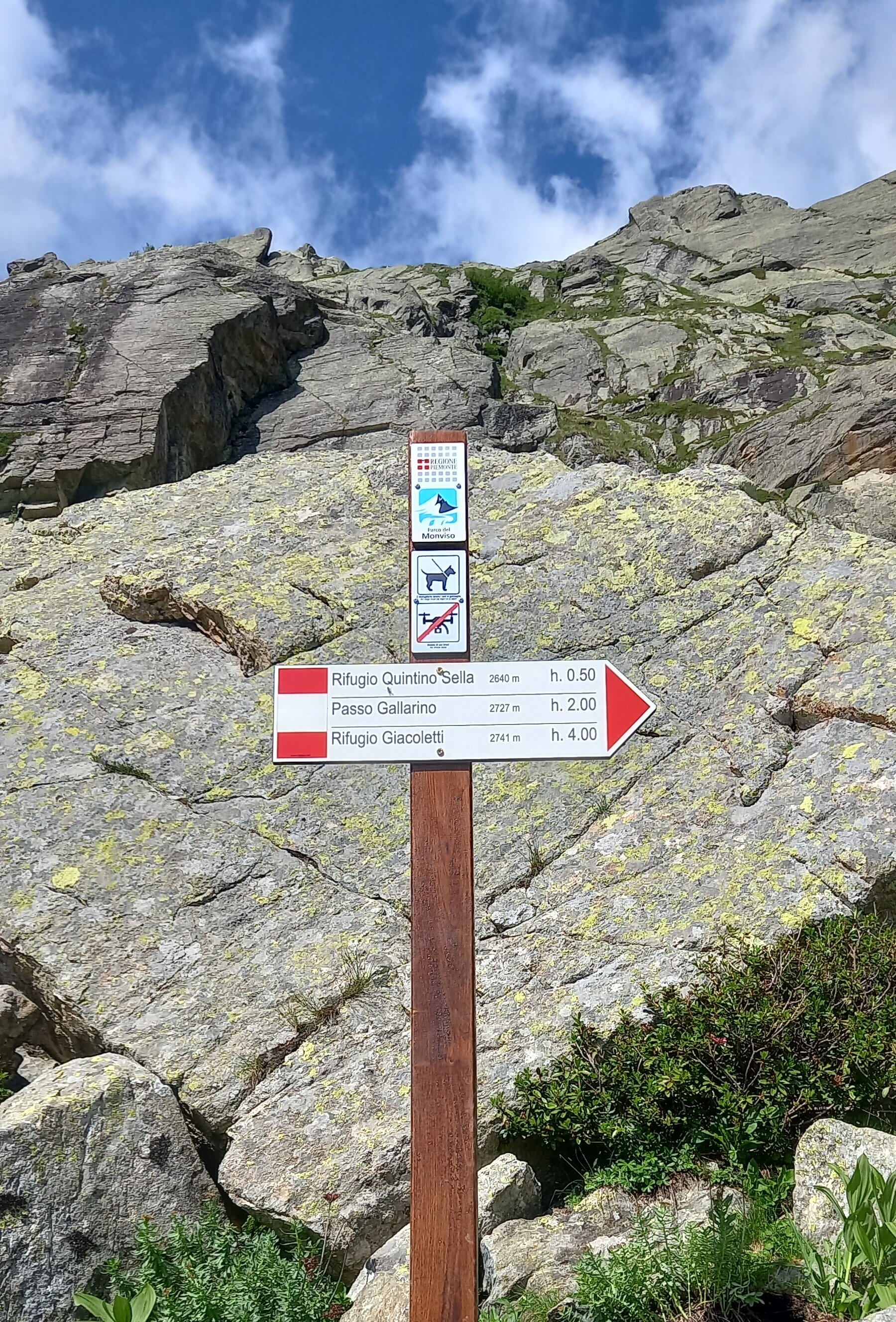 Un palo della segnaletica escursionistica si trova ai piedi di una parete rocciosa in alta montagna. Le frecce indicano la direzione per il Rifugio Quintino Sella, raggiungibile in circa 50 minuti, il Passo Gallarino e il Rifugio Giacoletti. Sul palo sono presenti anche i simboli del Parco del Monviso, il divieto di accesso ai cani e il divieto di transito ai veicoli a motore. Sullo sfondo si innalzano grandi placche di roccia e pareti montuose, mentre il cielo è attraversato da nuvole bianche.