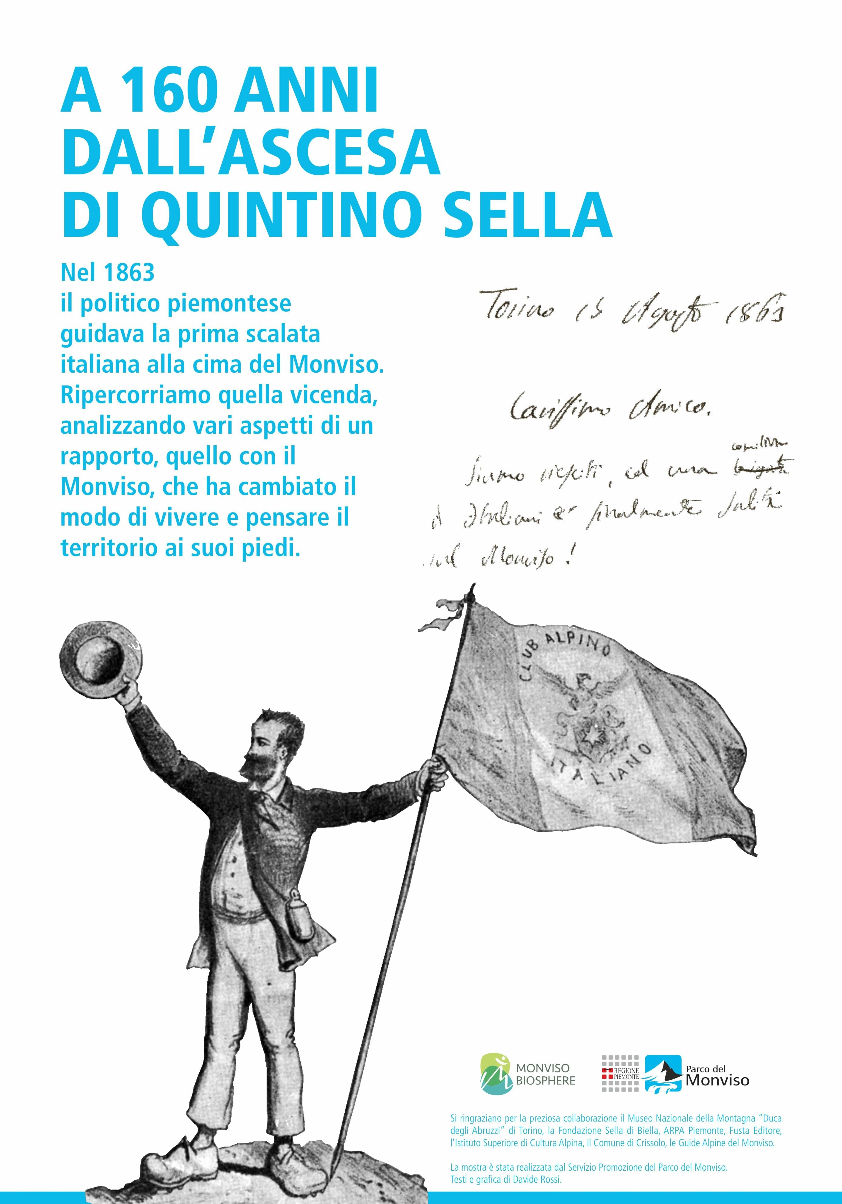 Illustrazione di Quintino Sella che tiene in mano una bandiera italiana