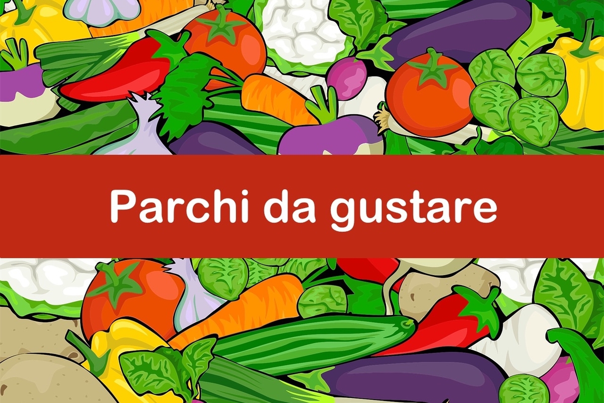 La locandina di parchi da gustare con disegni di verdure