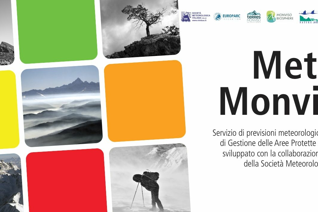 locandina del servizio meteo monviso: sulla sinistra 9 quadrati disposti 3 per lato alternando foto in bianco e nero di montagne e alpinisti a quadrati colorati verde, giallo, arancione e rosso; sulla destra la scritta meteomonviso e i loghi dei soggetti coinvolti