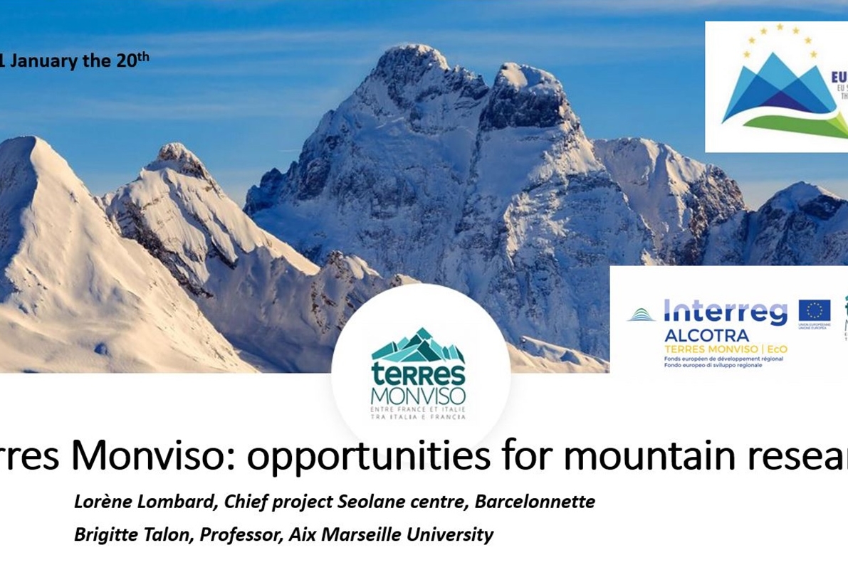 Un'immagine del Monviso innevato visto dal lato francese; sull'immagine i loghi del progetto