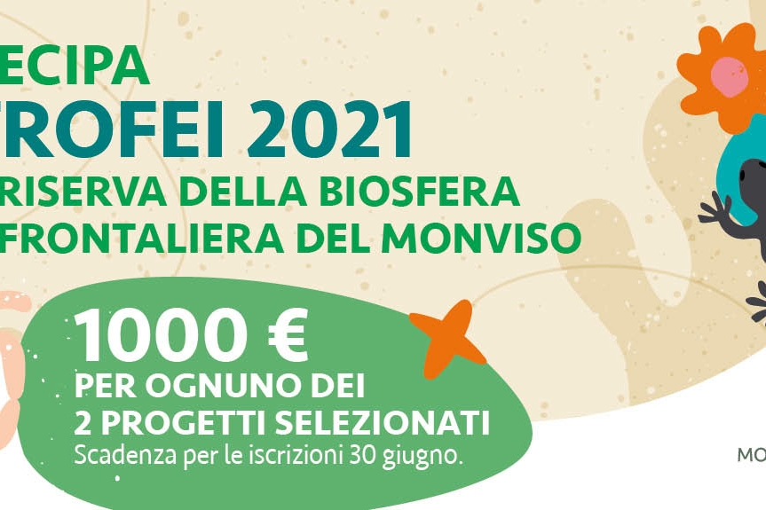 immagini decorative, testo che invita a partecipare ai Trofei della Riserva della Biosfera transfrontaliera del Monviso entro il 30 giugno