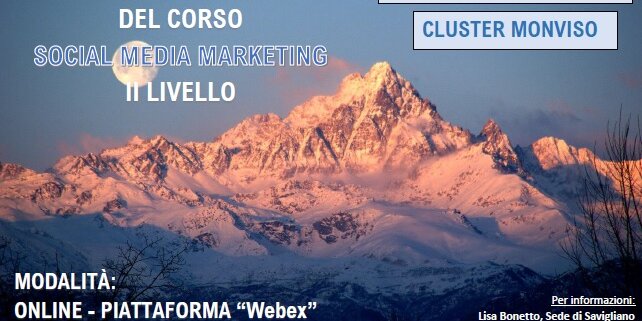Monviso innevato con luna piena, testo con informazioni sul corso