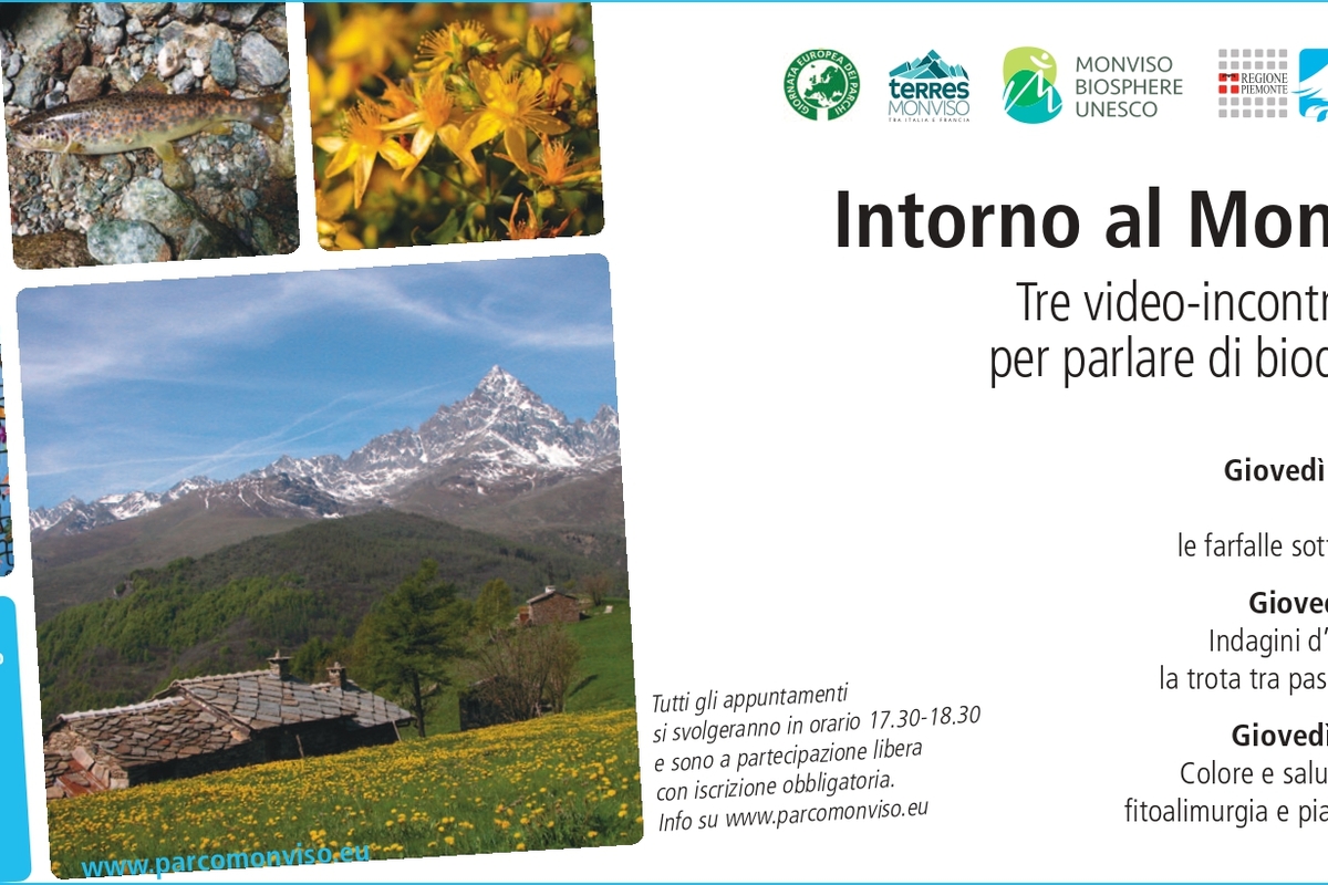 locandina dei webinar con immagine di farfalla, di trota e di piante officinali