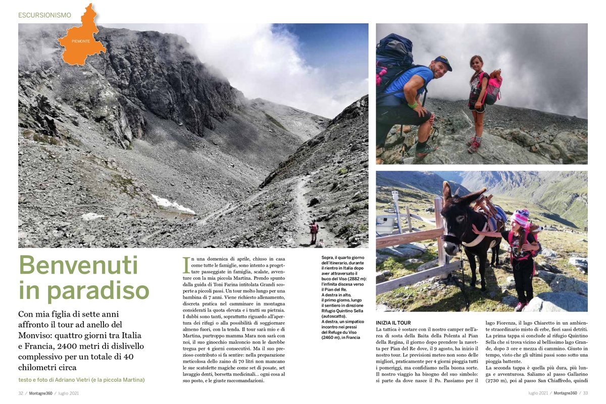 Pagine iniziali dell'articolo sul Giro di Viso di Martina pubblicato sulla rivista Montagne 360°