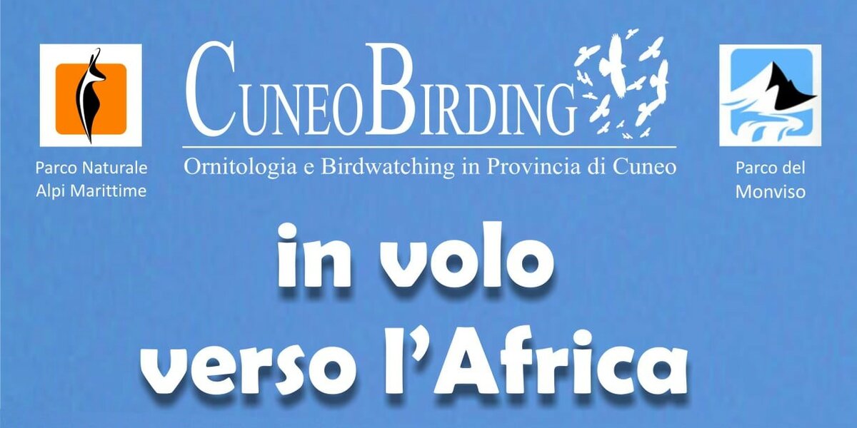 Locandina con scritta in volo verso l'africa su sfondo azzurro. in alto a destra e a sinistra i loghi del Parco del Monviso e del Parco delle Alpi Marittime