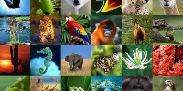 mosaico composto da foto di diversi animali, tra cui una manta, un bruco, un orso, un camaleone, un leopardo, una tigre, un coccodrill, un camoscio, una farfalla, un cactus