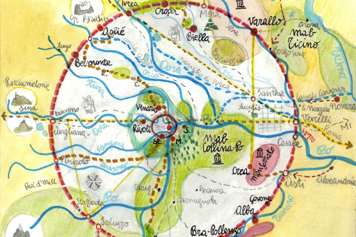 cartina della Regione Piemonte disegnata a mano, con tracciato ideale dell'itinerario
