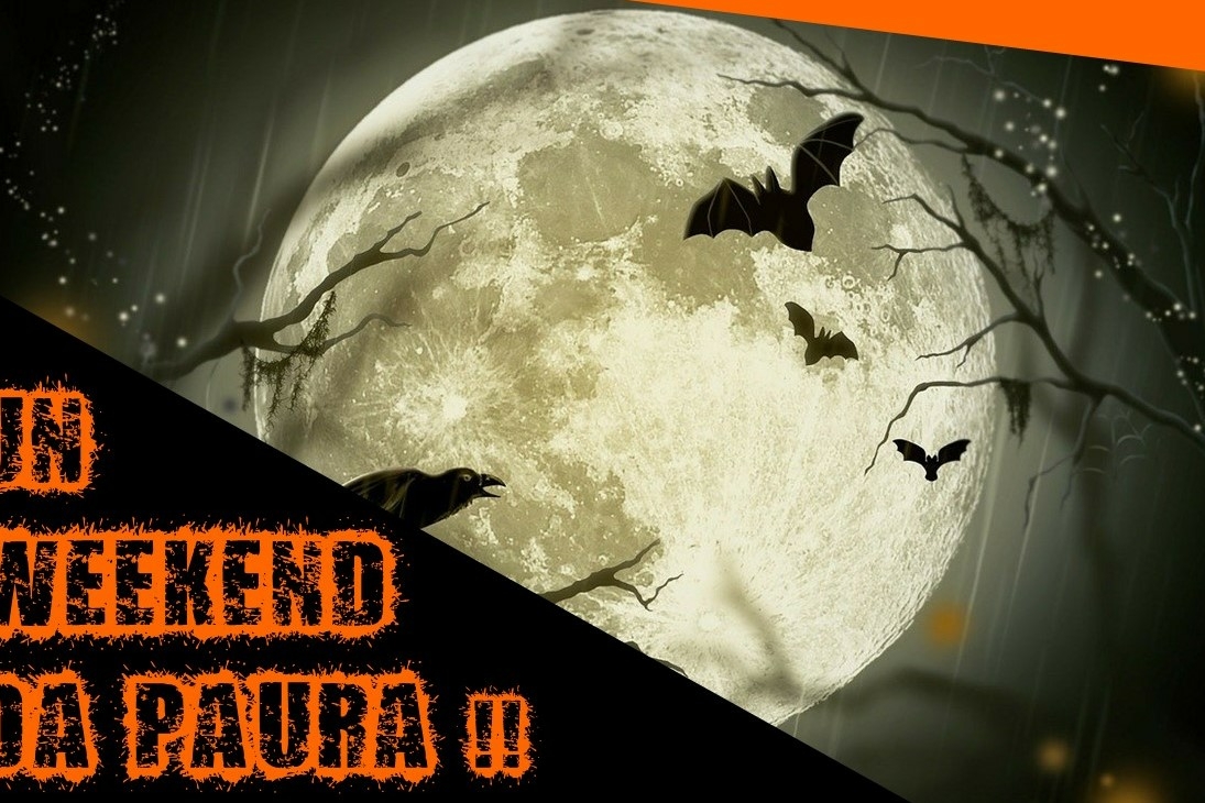 Immagine tratta dalla locandina con una luna piena su cui si stagliano le ombre di pipistrelli, rami e corvi. in basso a sinistra la scritta un weekend da paura!!