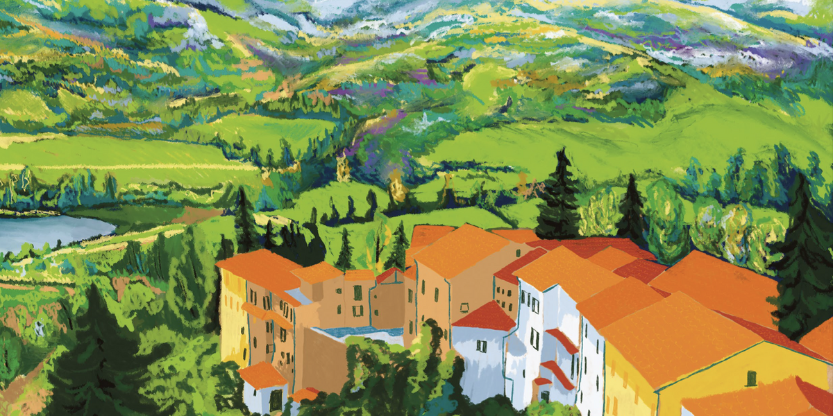 Un disegno che raffigura un borgo immerso in un ambiente collinare, con un lago e montagne innevate sullo sfondo