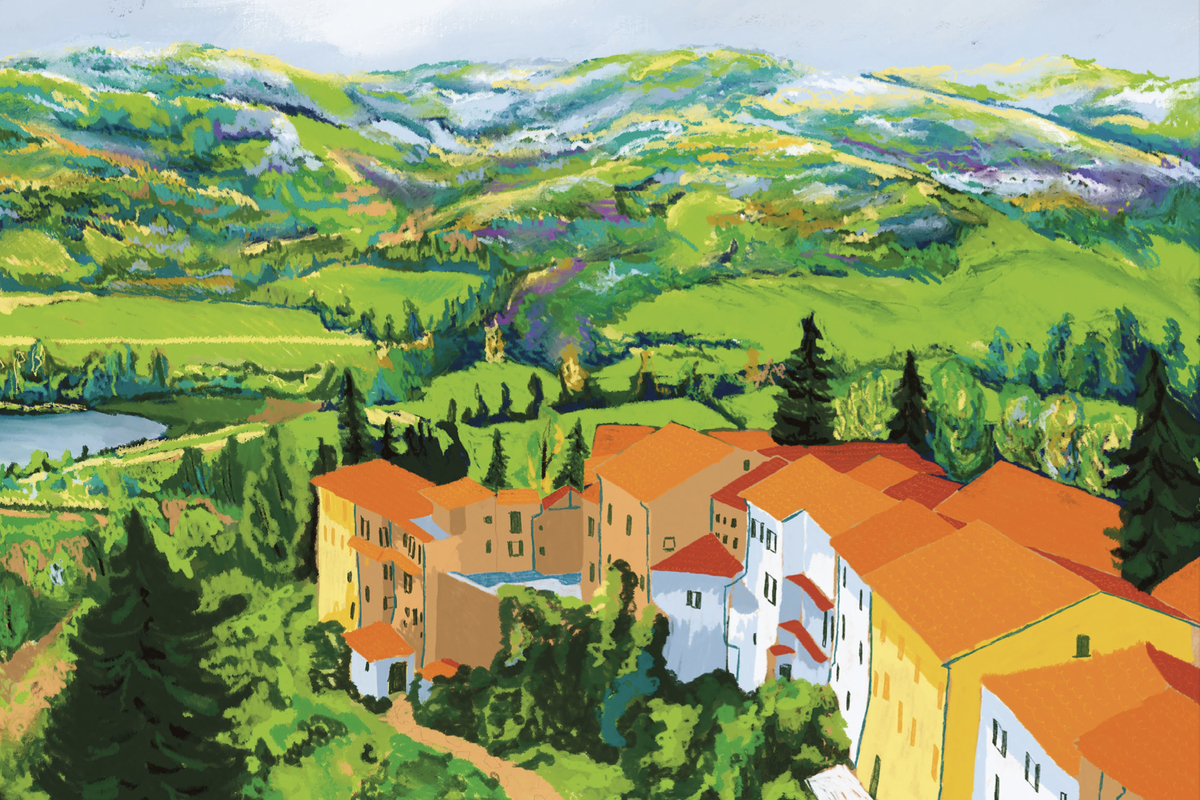 Un disegno che raffigura un borgo immerso in un ambiente collinare, con un lago e montagne innevate sullo sfondo