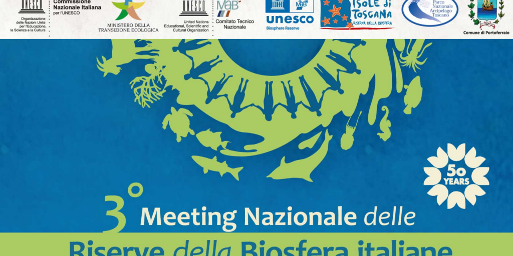 locandina del terzo Meeting nazionale delle Riserva della Biosfera: nella fascia alta i loghi, sotto una grafica a fondo blu con figure disegnate in verde (uomini, animali, vegetali in semicerchio)