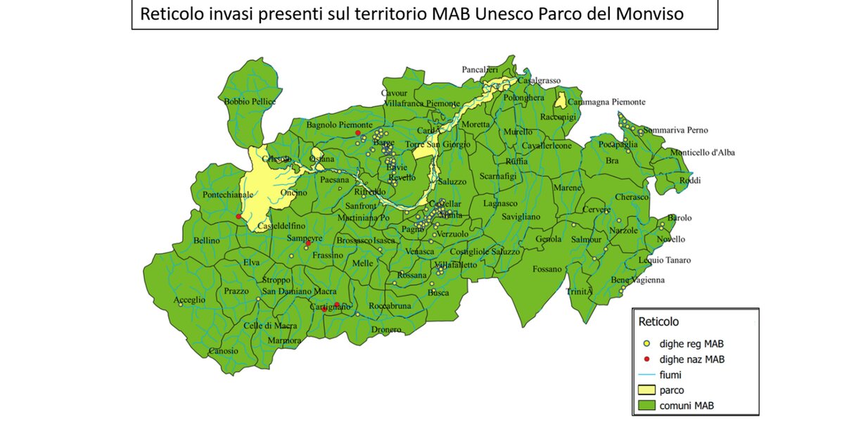 Rappresentazione cartografica degli invasi presenti nel territorio MAB Unesco del Parco del Monviso. Si noti la concentrazione nella zona centro-settentrionale/centro-meridionale dei suddetti, dovuta principalmente all’uso dei suddetti per scopi agricoli
