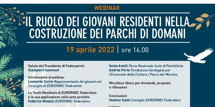 locandina del webinar Il ruolo dei giovani residenti nella costruzione dei parchi di domani, con indicazione degli interventi in programma.