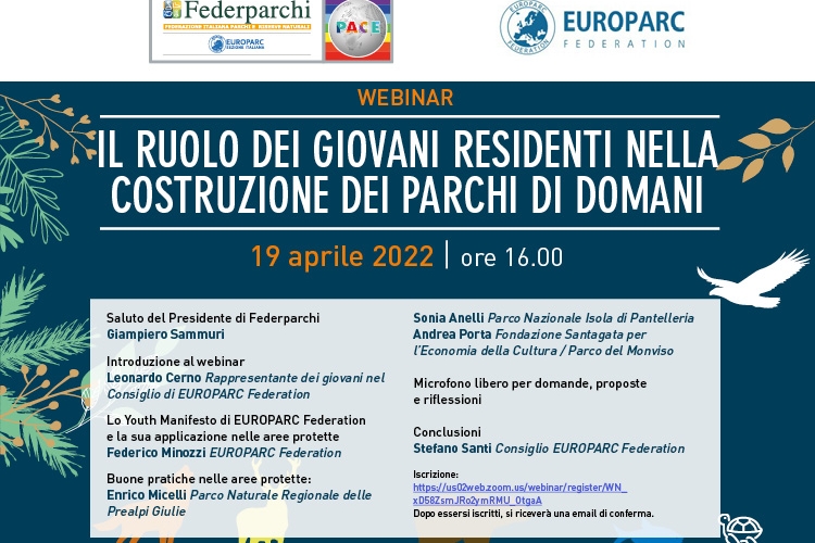 locandina del webinar Il ruolo dei giovani residenti nella costruzione dei parchi di domani, con indicazione degli interventi in programma.