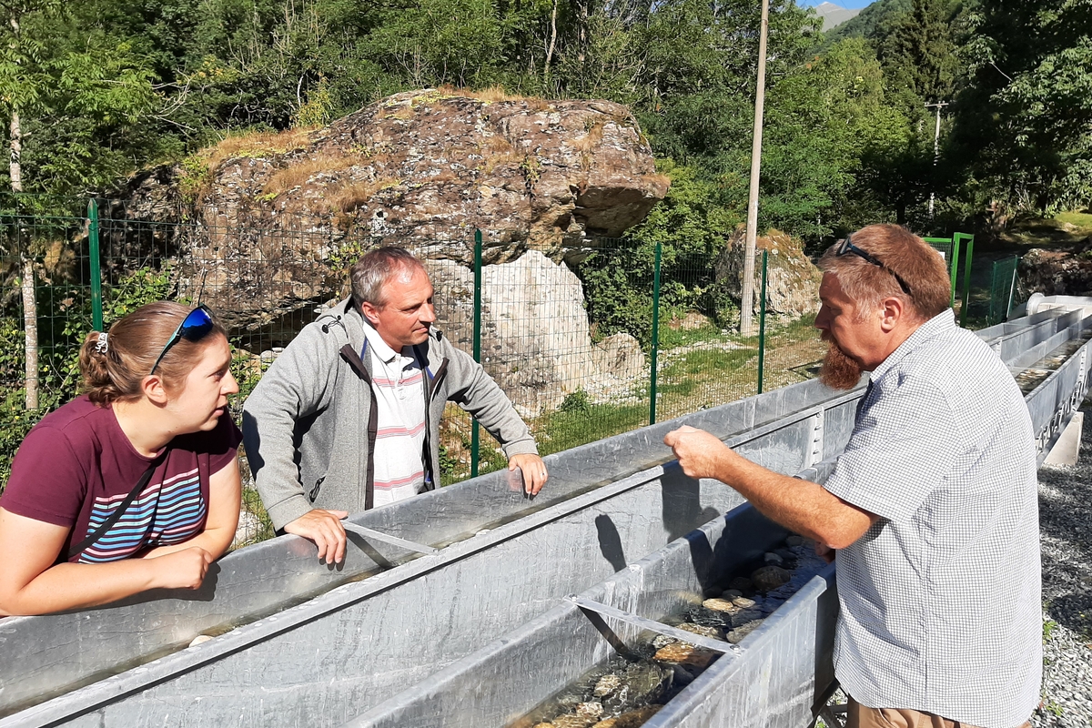 in un ambiente boscato, in primo piano vi sono tre persone ai lati di un paio di grosse canaline in metallo, nelle quali scorre l'acqua e sul cui fondo si trovano pietre fluviali: le canaline sono artificiali e sono state costruite per simulare gli ambienti fluviali a scopo di studio.