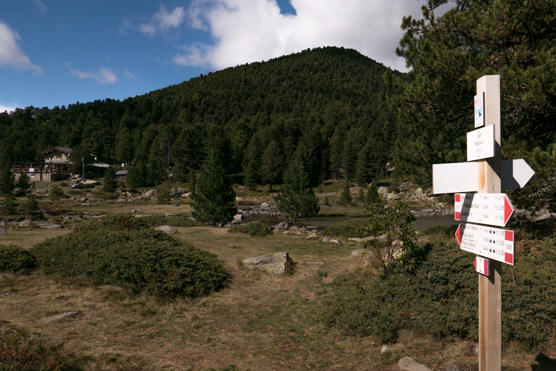 Una palina con cartelli indicatori e il logo del Parco del Monviso; sullo sfondo il lago Bagnour e il rifugio omonimo.