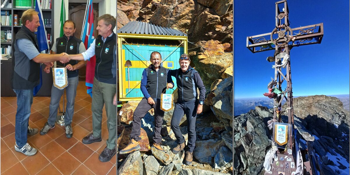 collage di tre foto che raffigurano, da sinistra a destra: la consegna del gagliardetto da parte del Presidente al Direttore del Parco, quest'ultimo con il tecnico Giusiano al passaggio del bivacco Andreotti e infine il gagliardetto posizionato in vetta al Monviso