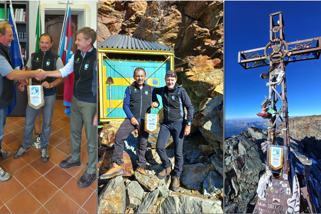 collage di tre foto che raffigurano, da sinistra a destra: la consegna del gagliardetto da parte del Presidente al Direttore del Parco, quest'ultimo con il tecnico Giusiano al passaggio del bivacco Andreotti e infine il gagliardetto posizionato in vetta al Monviso