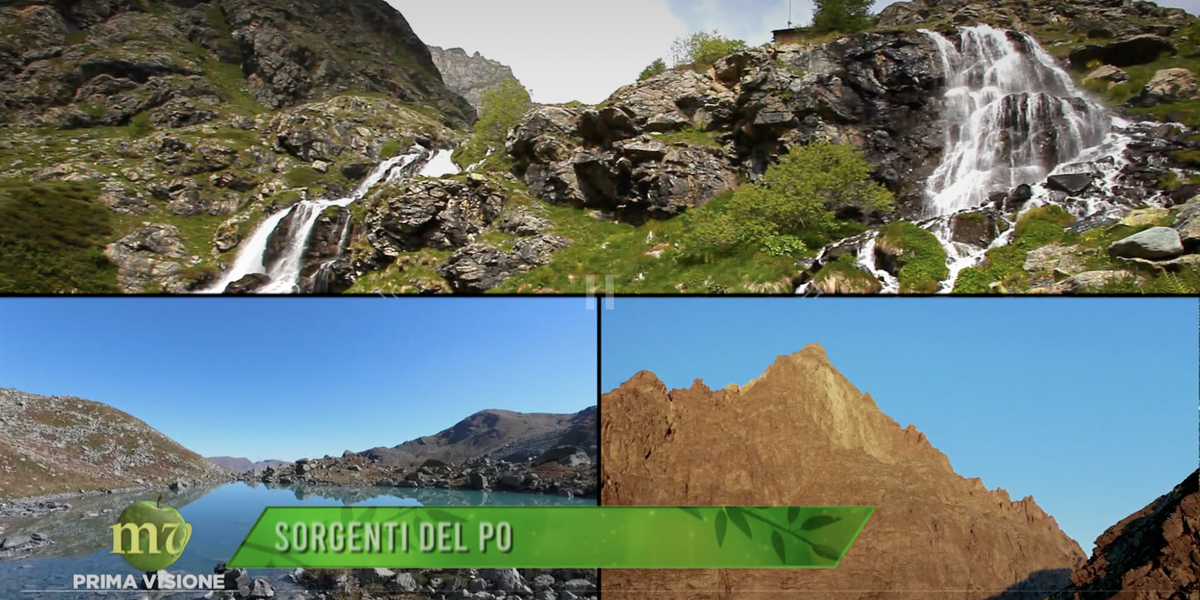 schermata tratta dalla trasmissione Melaverde: l'immagine è divisa in tre riquadri dove compaiono, da sopra e da sinistra verso destra, la cascatella al di sotto del Pian del Re, un lago alpino in alta valle Po, il Monviso all'alba.