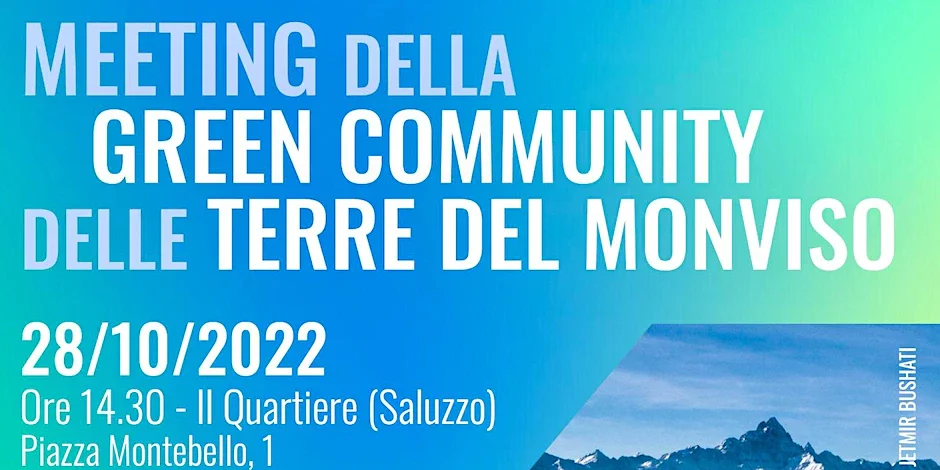 particolare della locandina intitolata Save the date, Meeting della Green Community delle Terre del Monviso; lo sfondo è azzurro